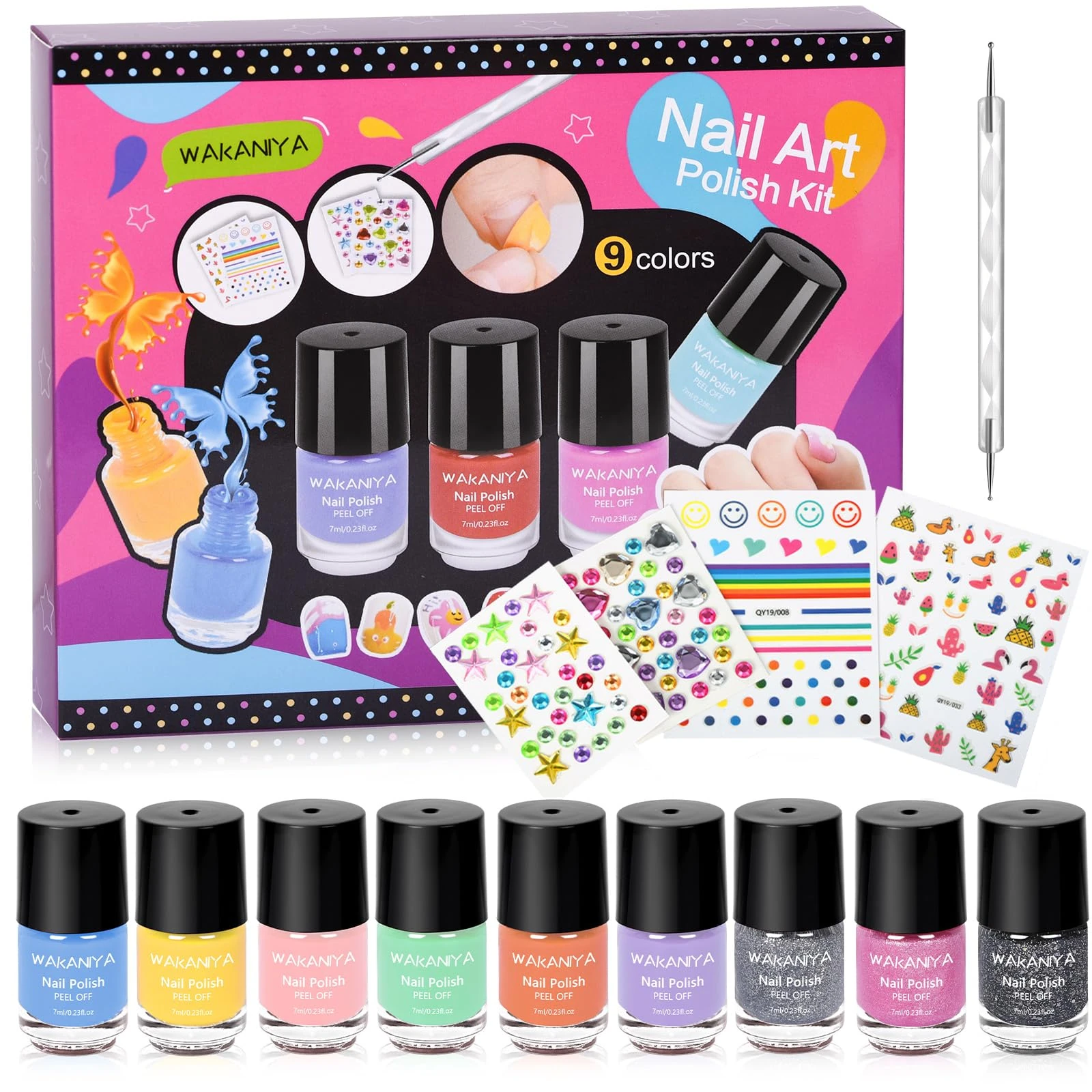 wakaniya Kids Nail Polish Set for Girls, 9 Rainbow Colors Non Toxic Low Odor Water Base Nail Polish With Stickers, Quick Drying Peel off Nail Varnish Kit for Kids Toddlers 3+