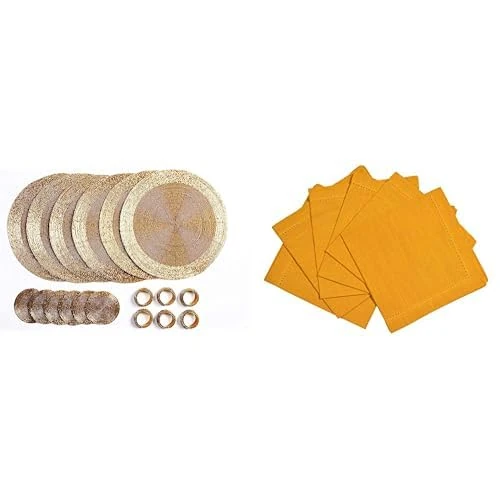Penguin Home Set of 24 Beaded Placemat coaster Napkin Rings and Cotton Napkins-Gold/Ochre