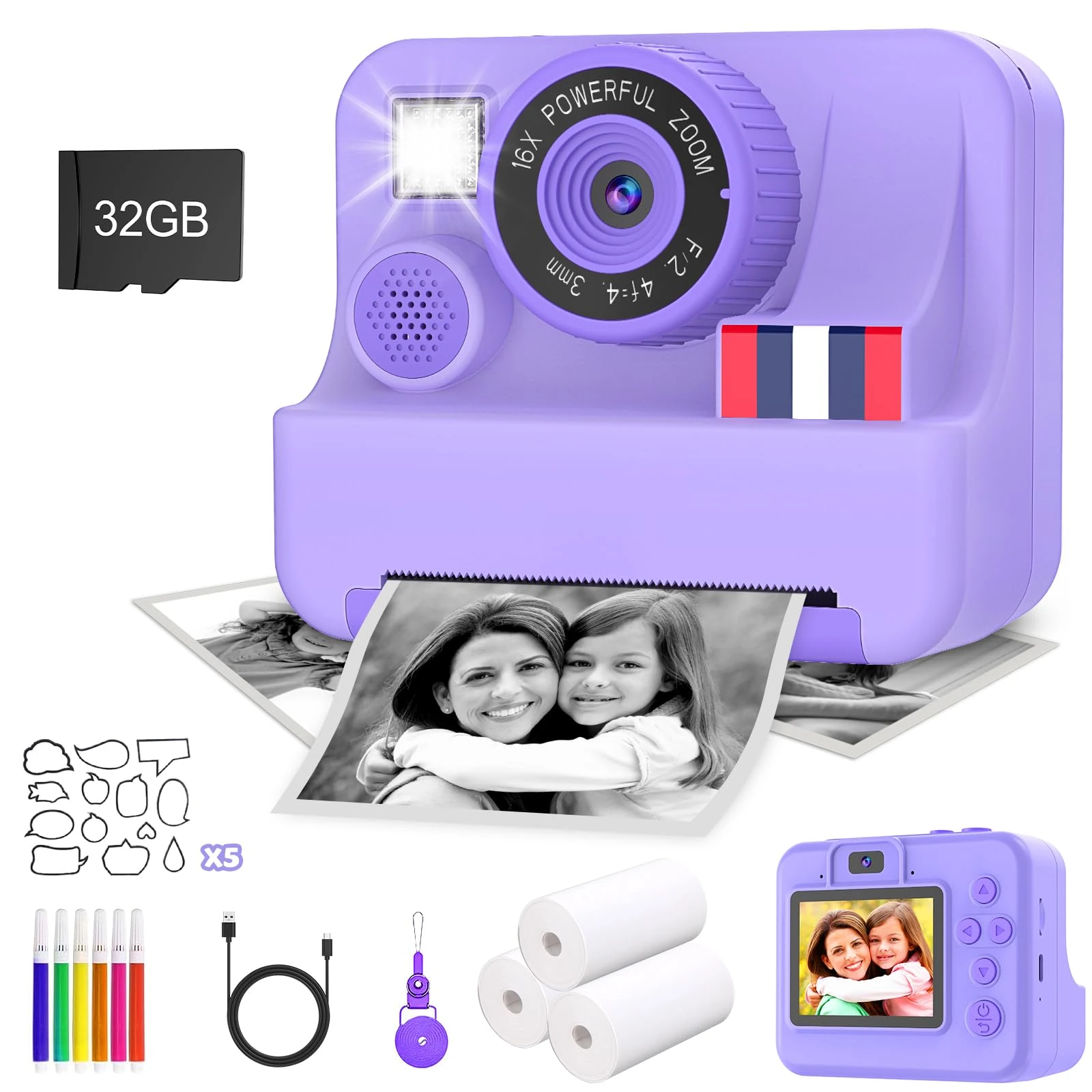 Yosfeng Kids Camera Instant Print with 32GB Card, 2.4 Inch IPS Screen 1080P Children Digital Cameras, Age 3-12 Christmas Birthday Toys for 3 4 5 6 7 8 9 10 11 12 Years Old Girls Gifts (Purple)
