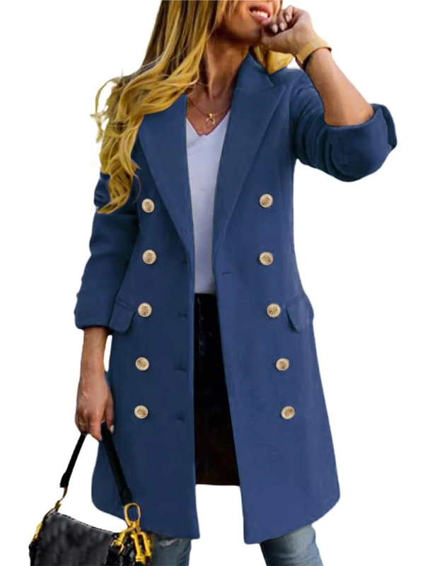 IDEALSANXUN Womens Fall Winter Wool Coats Double Breasted Midi Peacoat Trench Coats, Misty Blue, Large