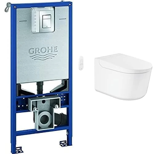 GROHE Sensia Wall Hung Shower Toilet Rimless WC & Rapid SLX 3-in-1 Concealed Cistern Frame Set Installation System 1.13m with Skate Cosmopolitan S Chrome Flush Plate