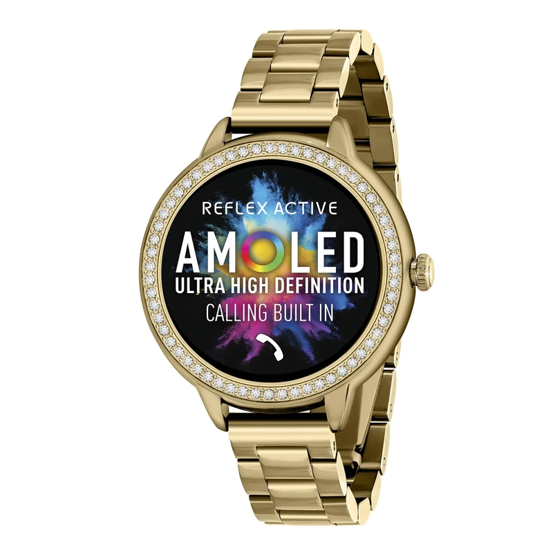 Reflex Active Series 41 Amoled Smart Watch for Women with Sports Modes, Heart Rate, Make/Answer Calls, Music Player, GPS, Step Counter, Cycle Tracking and Stone Set Gold Bracelet for Android IOS
