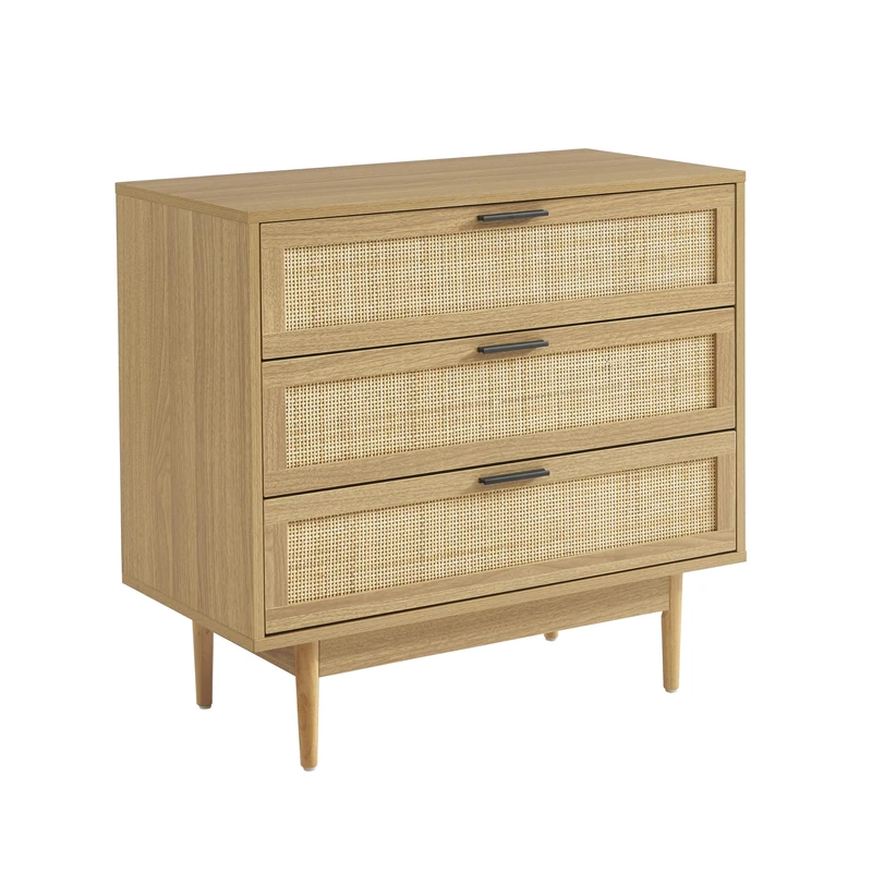 BAÏTA AMANA Chest of drawers, oak effect and rattan cane, 3 drawers, 80cm