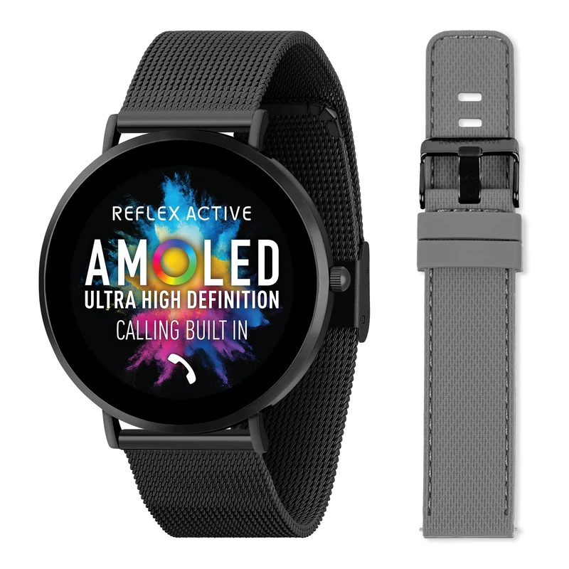 Reflex Active Series 42 Amoled Ultra Slim Smart Watch for Men Women with GPS, Heart Rate, Sleep Monitor, Step Counter, Black Mesh and Grey Silicone Strap Set For Android IOS
