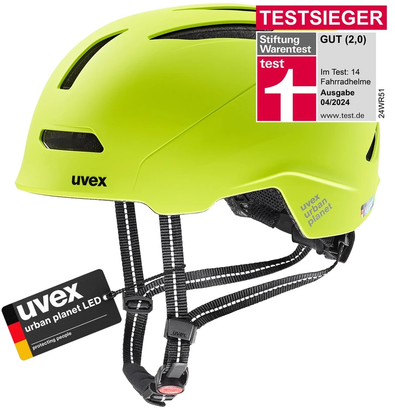 uvex urban planet LED - sturdy bike helmet for men and women - made from recycled materials - optimized ventilation - lime matt - 58-61 cm