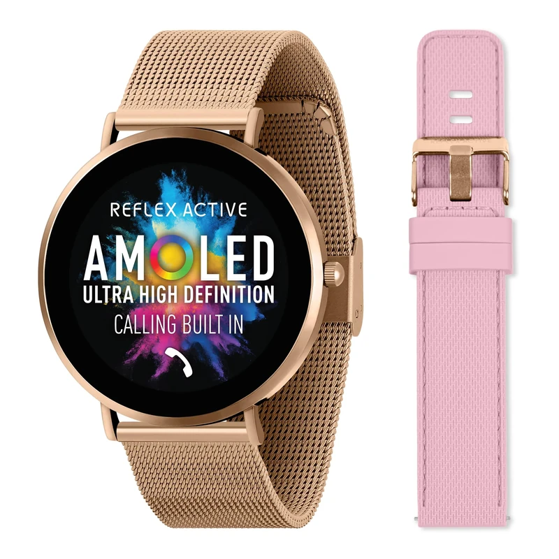Reflex Active Series 42 Amoled Ultra Slim Smart Watch for Women with GPS, Heart Rate, Sleep Monitor, Step Counter, Rose Gold Mesh and Pink Silicone Strap Set For Android IOS