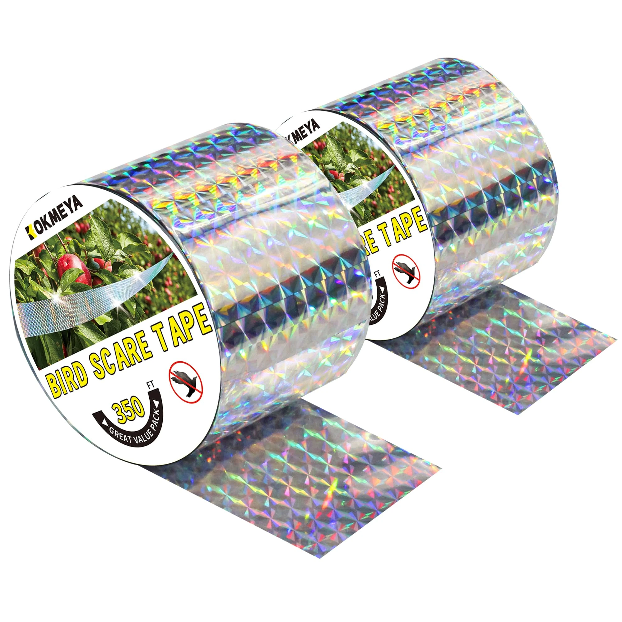 KOKMEYA Bird Scare Tapes 350FT*2 Reflective Flash Tape for Birds, Bird Scare Device Double Side Ribbon Scare Birds Away for House, Garden, Yard, Orchard, Patio, Outdoor