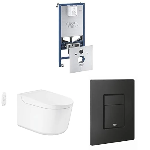 GROHE Sensia Wall Hung Shower Toilet Rimless WC & Rapid SLX 3-in-1 Concealed Cistern Frame Set Installation System 1.13m with Even Flush Plate in Phantom Black