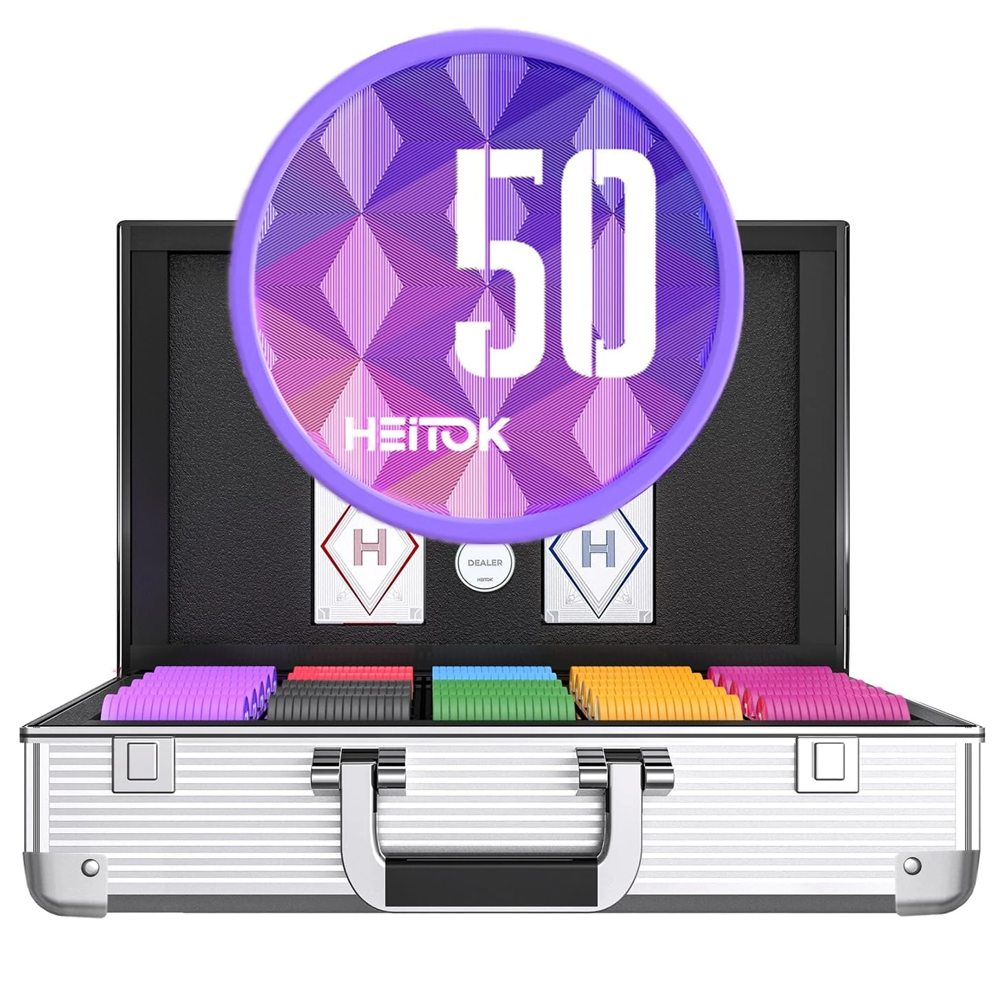 HEITOK 1000pcs Poker Chip Set with Denominations – 11.5g Weighted Casino Chips, 2 Decks of Playing Cards, Alloy Dealer Button, Aluminium Carry Case – Professional Poker Set for Texas Hold’em, Blackjac