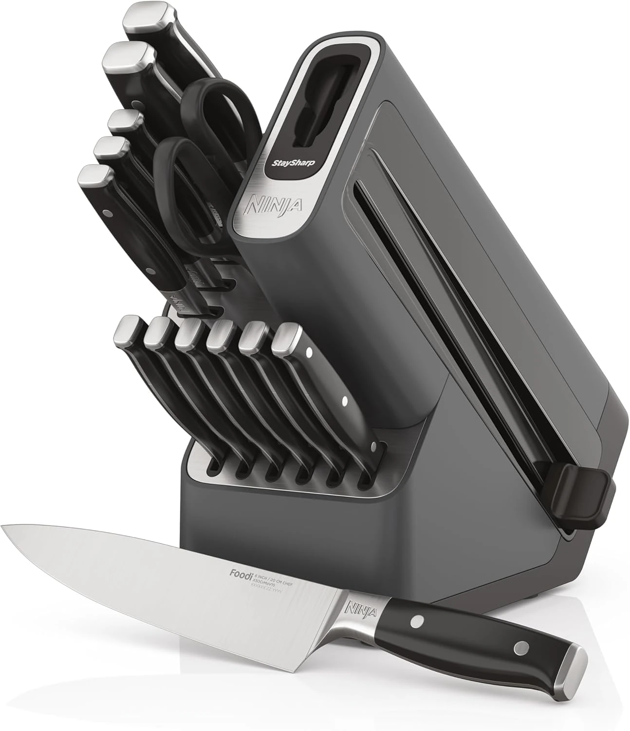 Ninja Foodi StaySharp Knife Block with Integrated Sharpener Deluxe 14-Piece Set K32014EUUK, Black