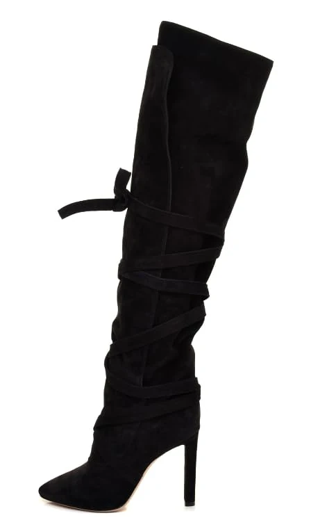 Saint Laurent Pre-Loved Black Meurice Wrap Around Suede Knee High Boots