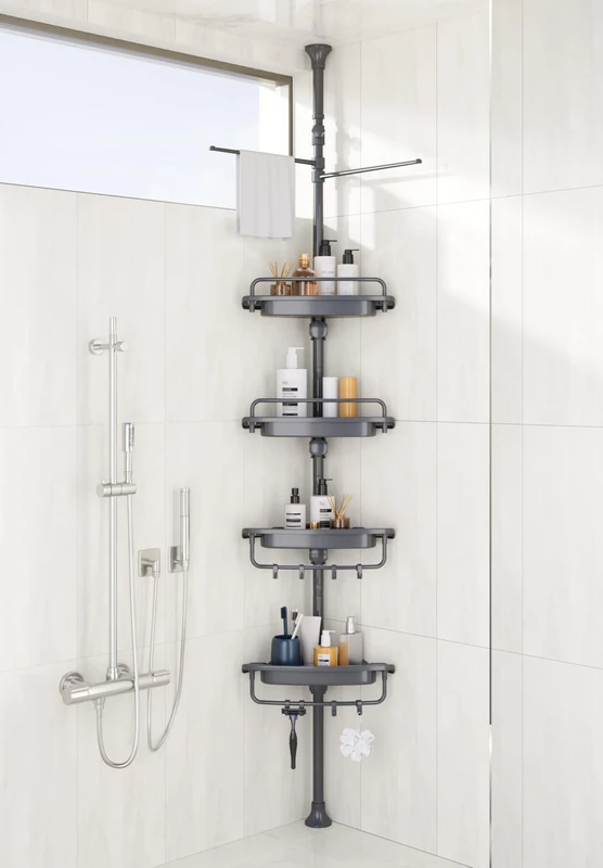 XLHOMO 32-122inch Corner Shower Caddy Tension Pole Grey, Rustproof Drill-Free Shower Shelves for Bathroom Bathtub Washbasin, Adjustable Shower Organizer with 4 Tier Patent Stable Shelves & Towel Bars