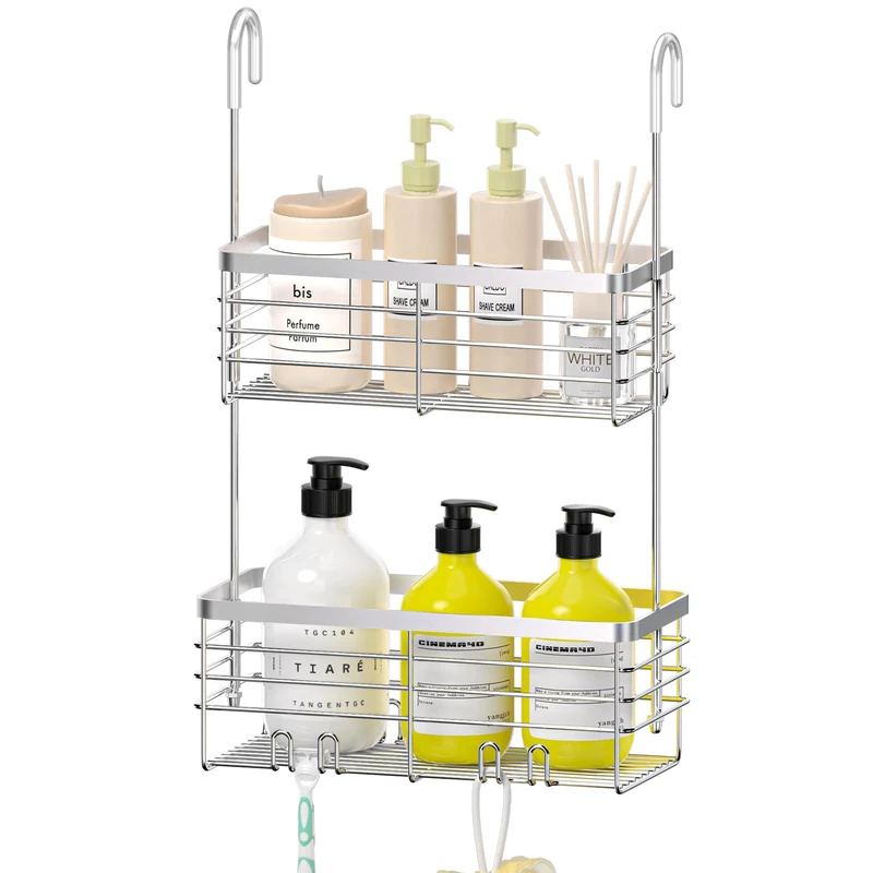 DELLAN Hanging Shower Organizer, 2-Tier Shower Rack with Hooks Over the Door, Bathroom Shower Caddy and Basket - Image 1