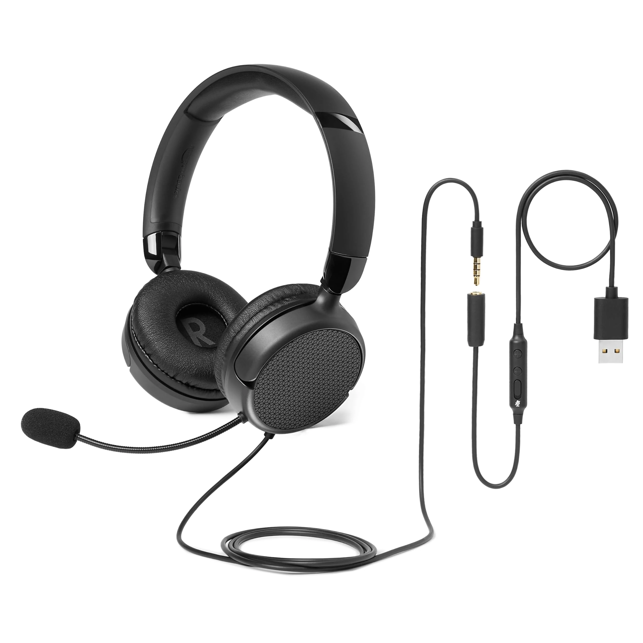 Amazon Basics On Ear Wired Computer Headset with Adjustable Microphone, 3.5mm Port or in Line Control with USB-A Port, Foldable, One Size, Black