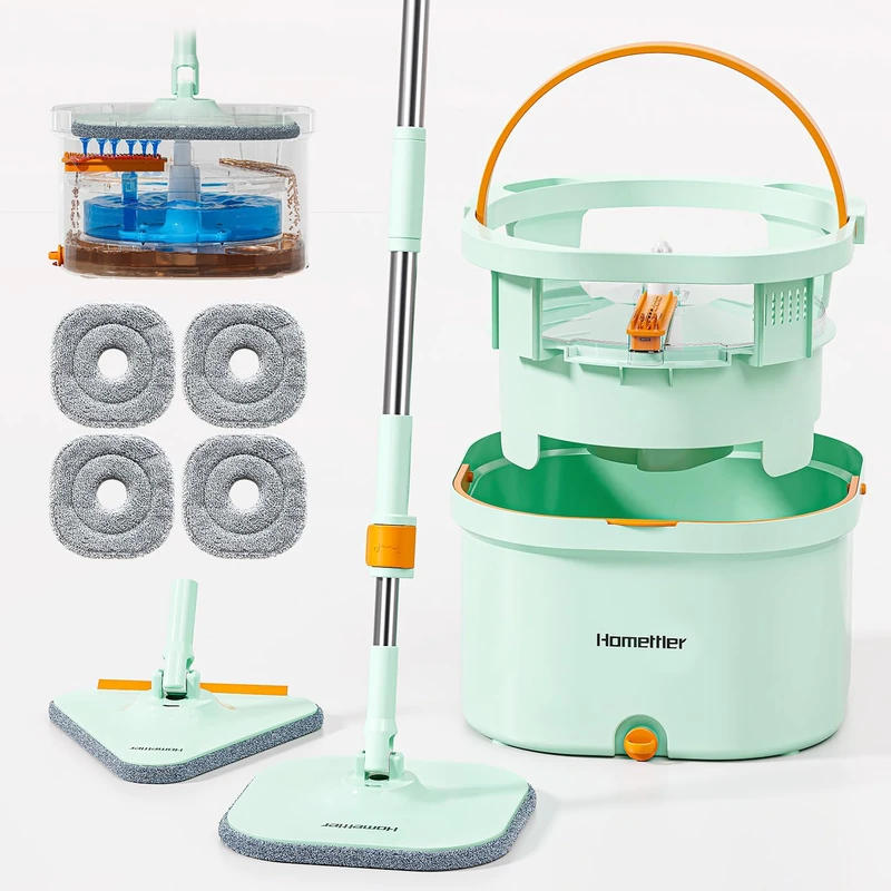 HoMettler Spin Mop and Bucket Set, Detachable Inner Bucket with Separate Dirty Water System, Deep-Cleaning Mops for Floor/Wall Cleaning with Triangular Head & 4 Microfiber Pads