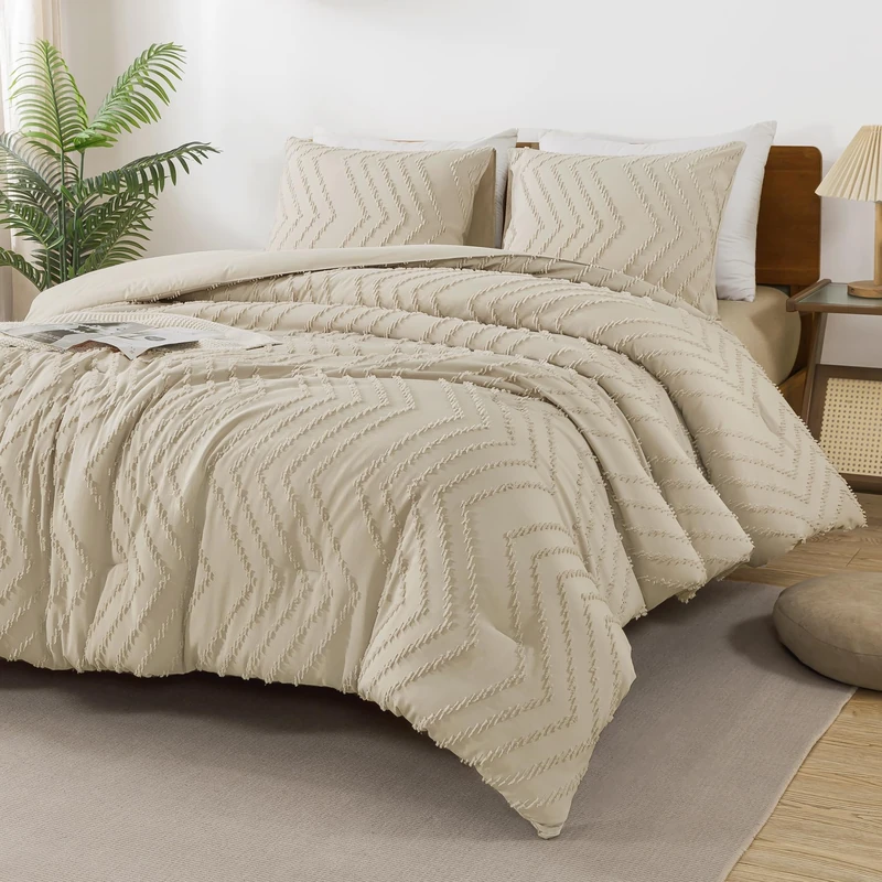 Andency Light Khaki Comforter Set King Size, Boho Soft Warm Tufted Bedding Comforter Sets for King Size Bed, 3 Pieces Aesthetic Chevron Farmhouse Cute Bohemian Textured Bedding Set