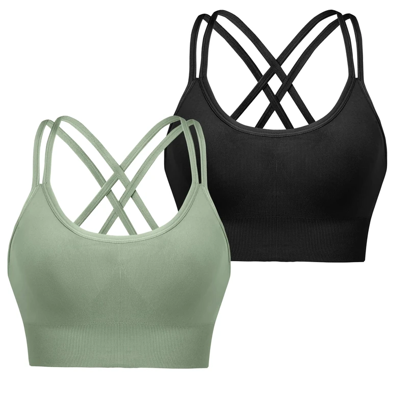 Leversic Sports Bra for Women Padded Yoga Bra Mid Impact Sports Bra Strappy Cross Back Crop Top for Fitness Yoga Gym(Black+Green,M)