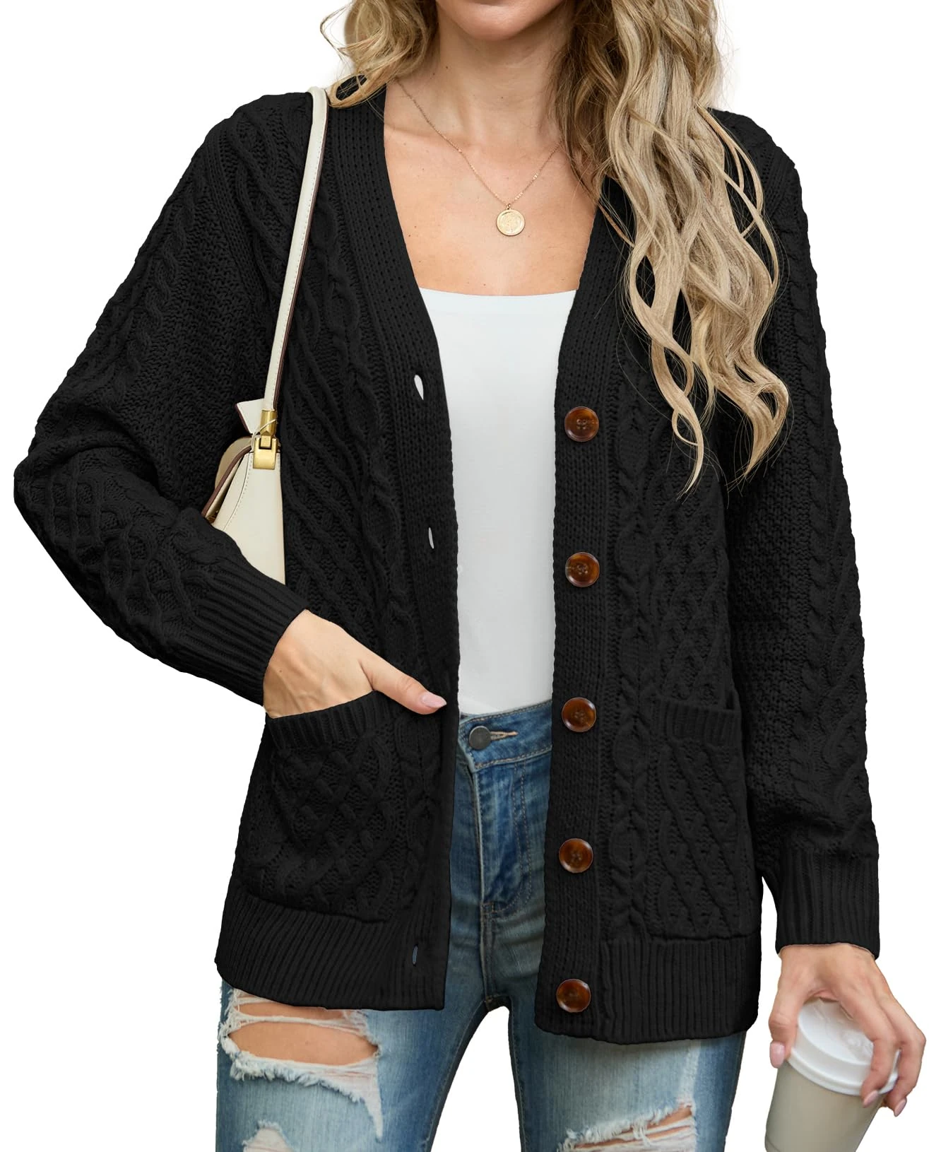 GRECERELLE Womens Cardigans for Women UK Knit Ladies Long Sleeve Button Down Oversized Aran Cable Knitted Jumper Cardigan Knitwear with Pockets (Black,L)