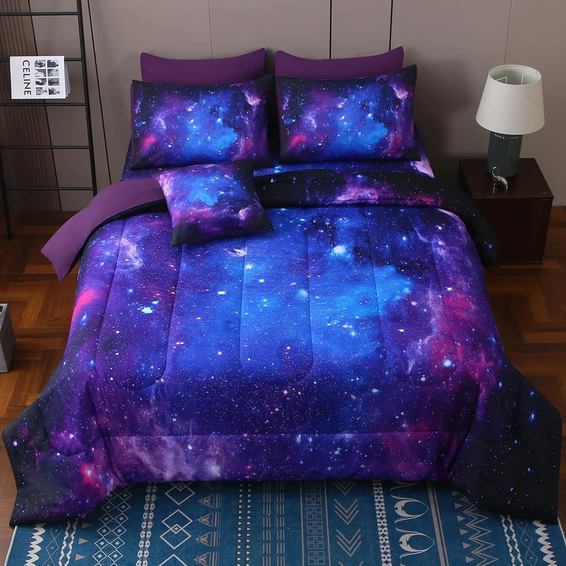JQinHome Twin Galaxy Duvet Cover Set 6 Pieces Bed in a Bag 3D Space Theme All Season Bedding Reversible Quilted Comforter for Kids Boys Girls Teens Kids (Blue,