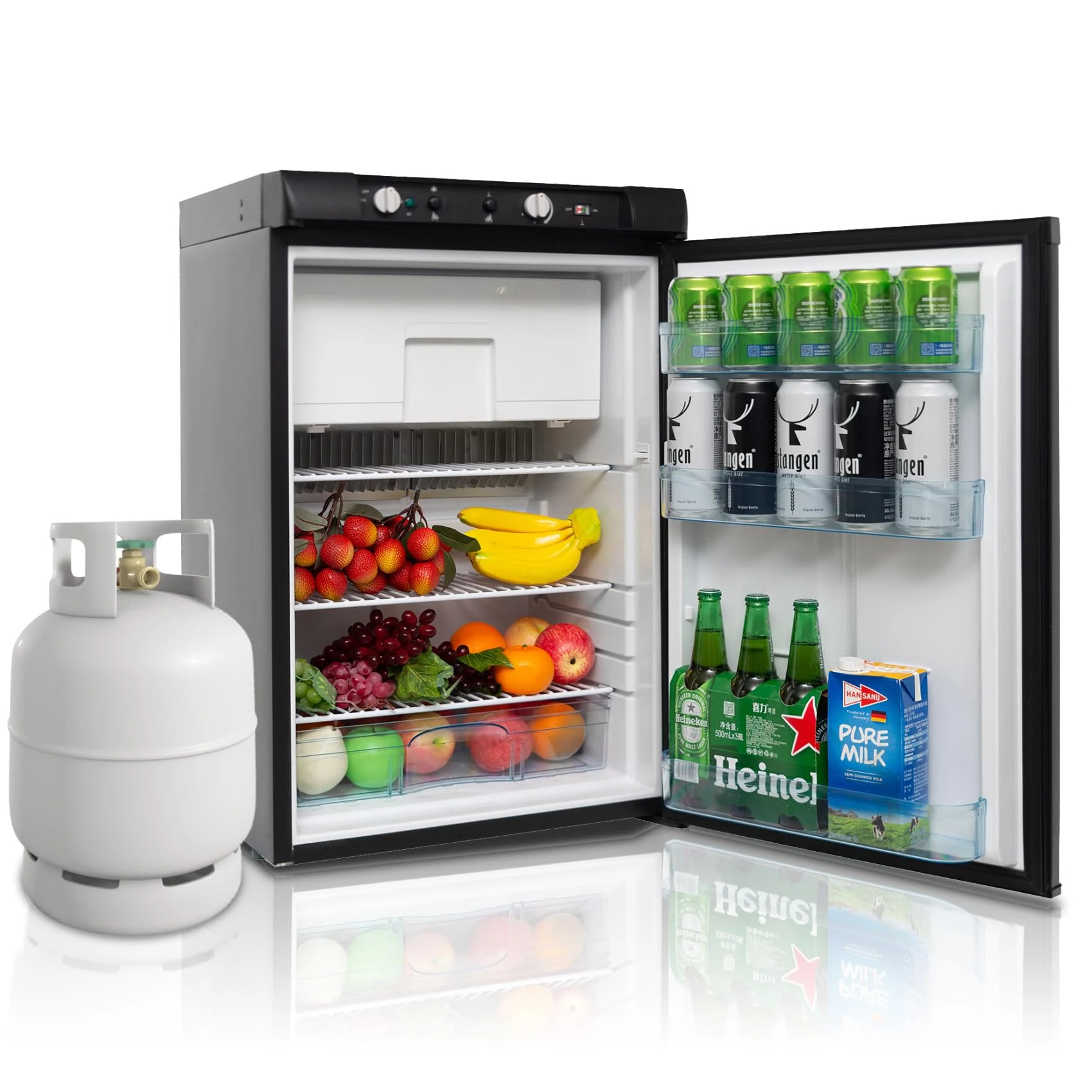 Techomey Gas Fridge Freezer, 100L, Silent 3 Way Fridge Freezer for Motorhome, Campervan, RV, Caravan, Top Lid, Black, -18-10℃