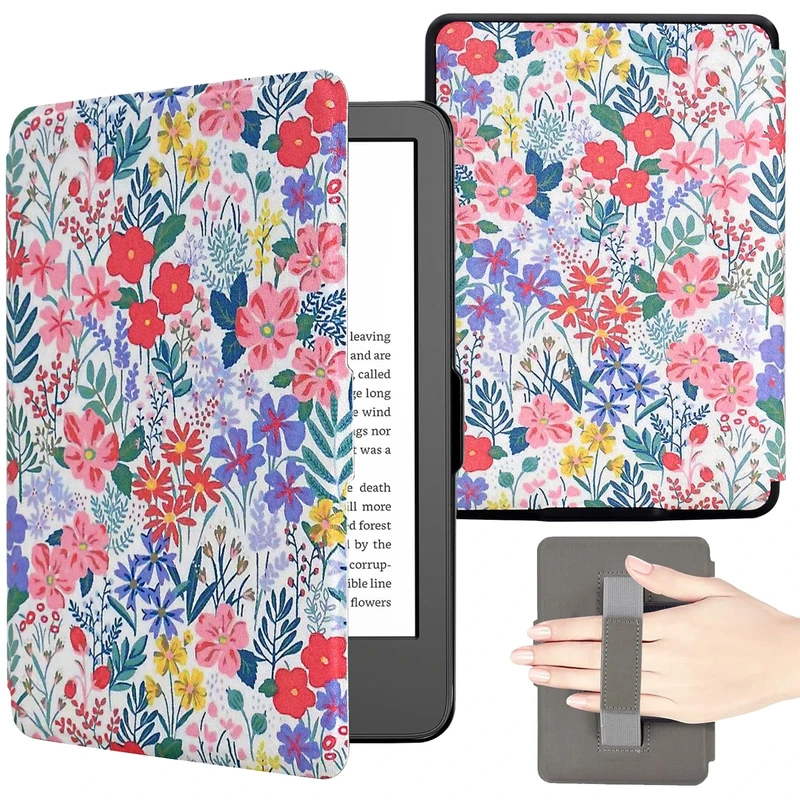 KEROM Case for 6" Kindle Paperwhite 2012-2017 (5th/6th/7th Generation, Model: EY21/DP75SDI), PU Leather Cute Cover Protective Case with Hand Strap, Card Slot, and Auto Sleep/Wake - Pink Floral