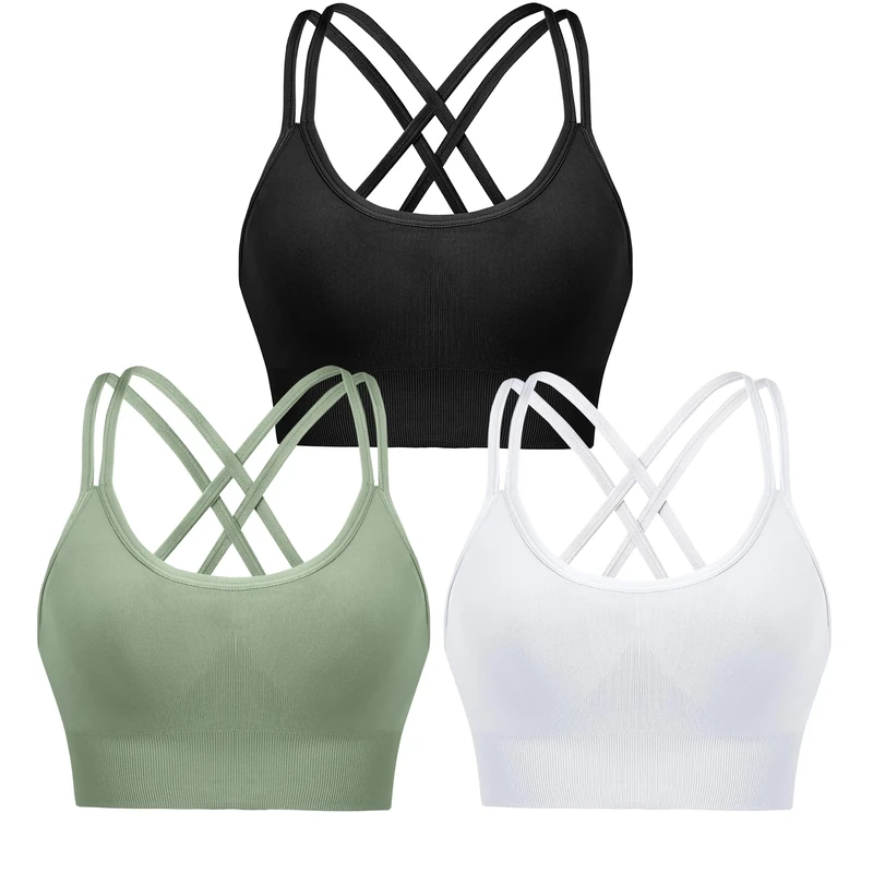 Leversic Sports Bra for Women Padded Yoga Bra Mid Impact Sports Bra Strappy Cross Back Crop Top for Fitness Yoga Gym(Black+White+Green,M)