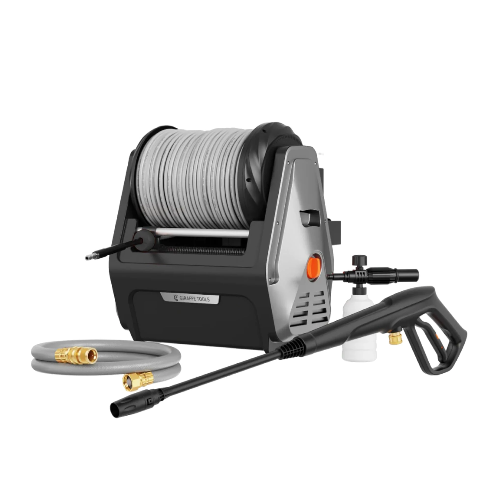 Giraffe Tools Wall Mounted Pressure Washer Plus, Max 2400 PSI, 2.0 GPM Electric Power Washer with 30M Retractable Hose, 500 ML Foam Cannon, 0°-40°Rotary Nozzle for Cars/Patios, Grey Soft Hose