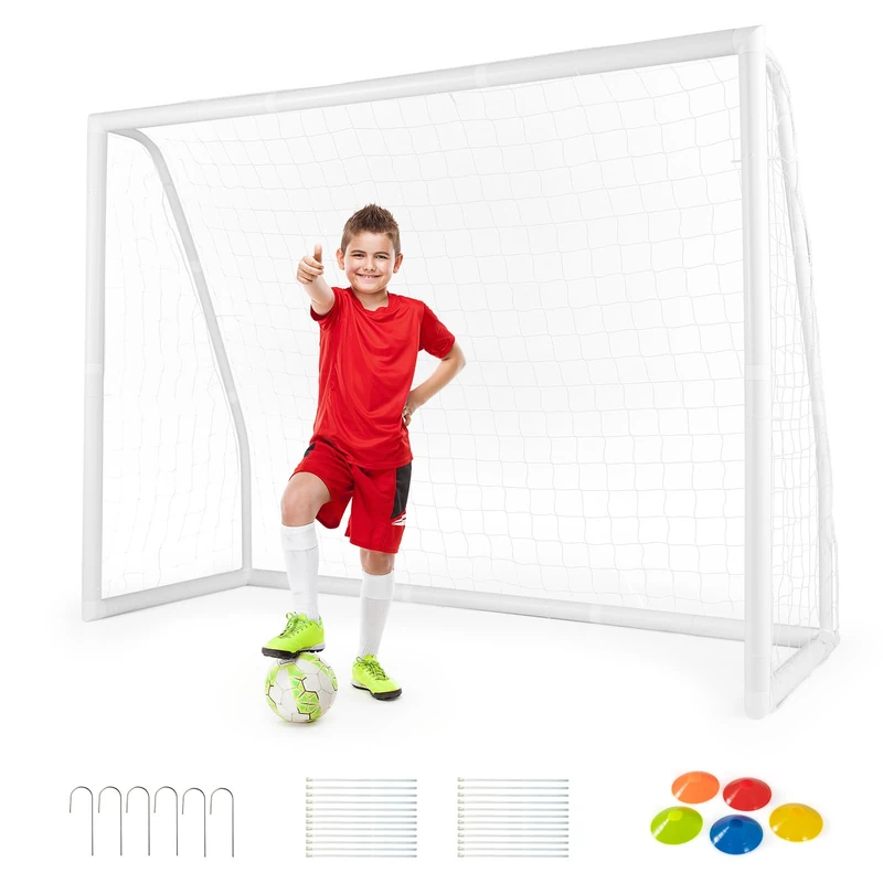 GYMAX Kids Football Goal, UPVC Soccer Goal with Thickened Post & Strengthened Corners, Portable Football Goals for Garden (245 x 90 x 180cm)