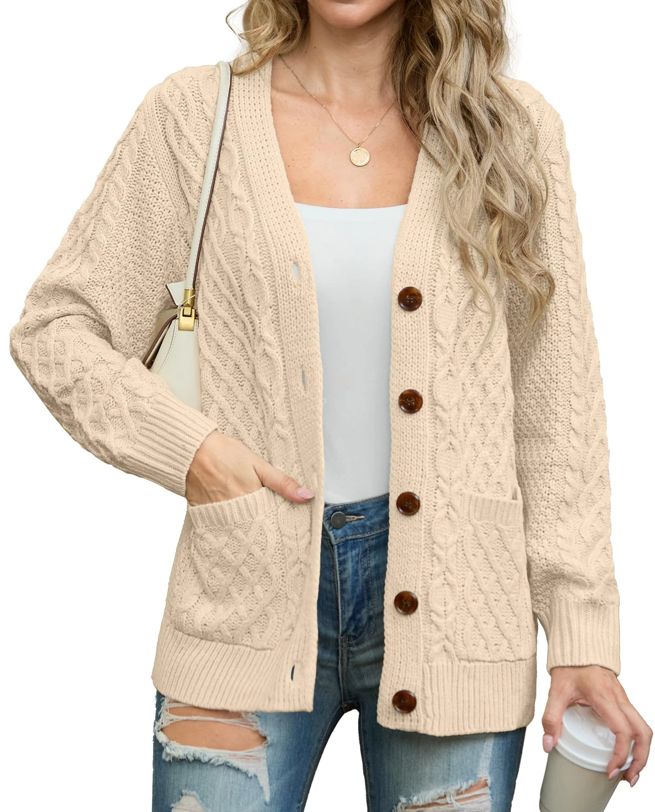 GRECERELLE Womens Cardigans Knit Ladies Long Sleeve Button Down Oversized Aran Cable Knitted Jumper Cardigan Knitwear with Pockets (Beige,L)