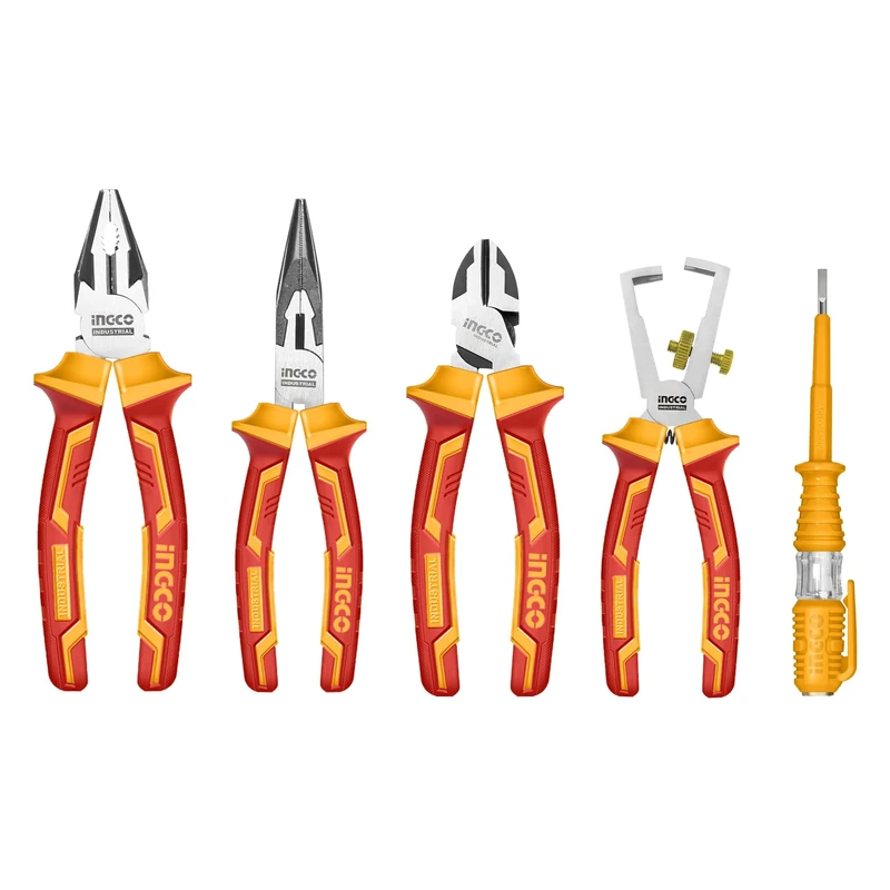 INGCO 5Pcs VDE Insulated Pliers Set, 1000V, 180mm Combination Plier, 160mm Diagonal Cutting Plier, 160mm Long Nose, Wire Stripping with Test Pencil