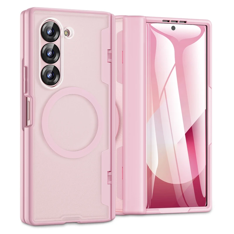 Caka for Samsung Galaxy Z Fold 6 Case [Magnetic Charging] [Hinge Protection] [Built-in HD Screen Protector] Translucent Hard Shockproof Magnet Phone Cover for Fold6 - Pink
