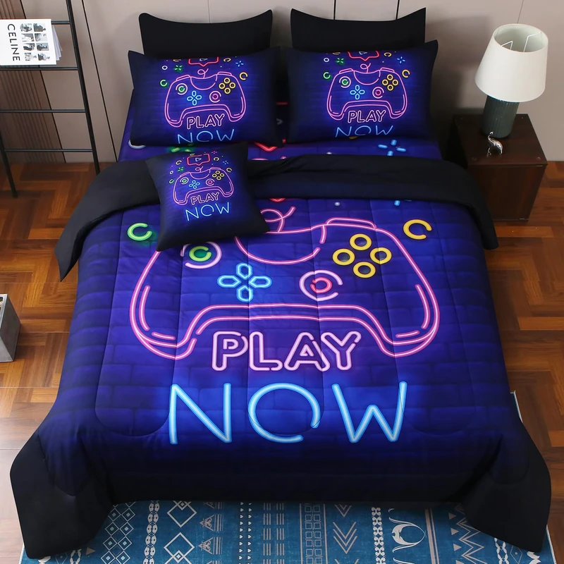 JQinHome Twin Gamer Comforter Set 6 Piece Bed in A Bag for Boys,3D Neon Light Up Design for Classic Console -All Season Soft Microfiber Down Alternative Comforter Gamer Bedding Sets for Kids (Purple)