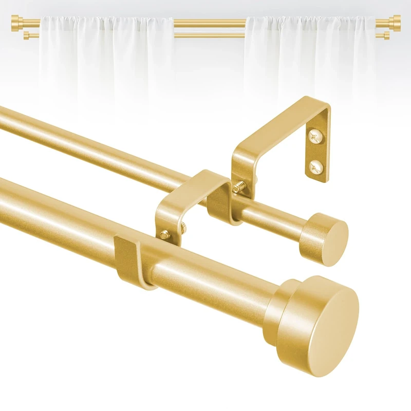 TANGWIN Gold Double Curtain Rods, 66-120 Inch, Heavy Duty, Adjustable