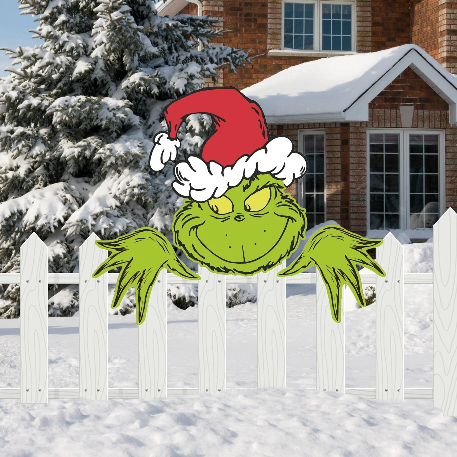 Outdoor Decorations Christmas, Christmas Theme Yard Sign for Garden Fence Decorations, Christmas Tree Topper, Green Fence Peeker for Christmas Holiday Lawn Sign Decorations