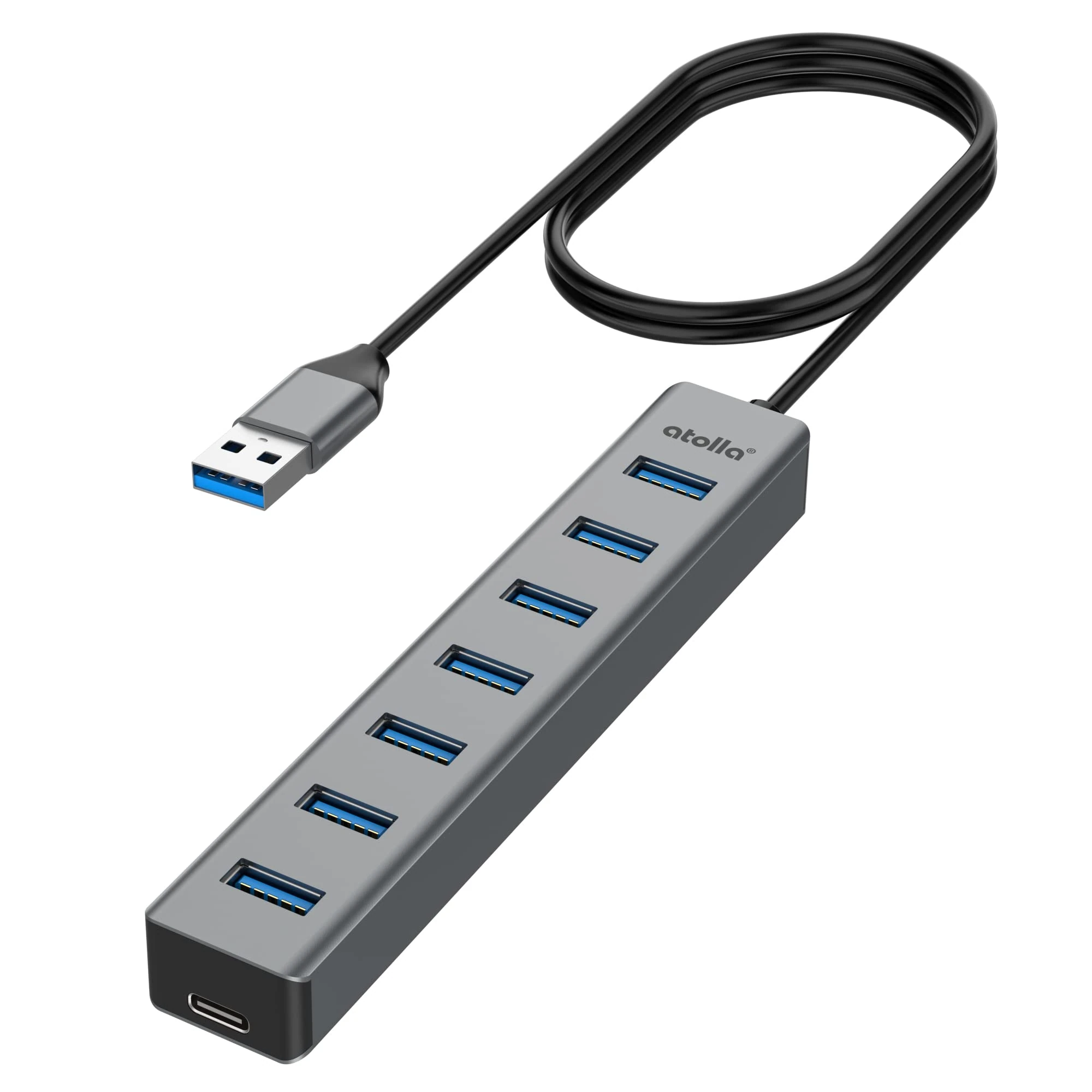 USB Hub 3.0 7-Port with 100cm Cable, USB Extender Aluminium Data Hub with Multi USB3.0 5Gbps and 5V/3V Type-C Port, USB Multiport Adapter Splitter for Laptop PC