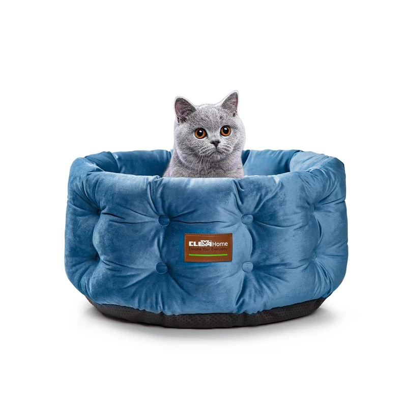 ClevaHome Deep Nest Cat Bed for Small Pets up to 15lbs - Round Cat Beds for Indoor Cats, Luxurious Velvet Feel, Extra High Sides, Machine Washable Comfort Pet Bed with Non-Slip Bottom (Steel Blue)