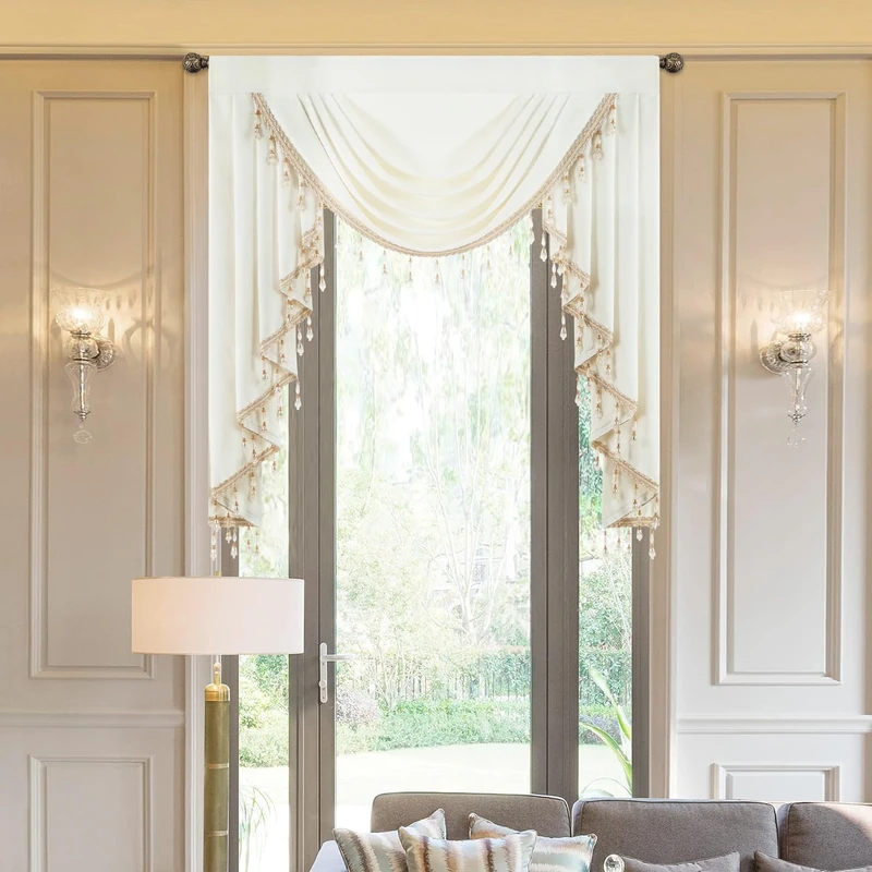 VOGOL White Velvet Swag Valances, Luxury European Style Waterfall Valance Widow Treatment with Bead Tassels, Soft Touch Privacy Curtains for Living Room, 39 Inches Wide, 1 Panel