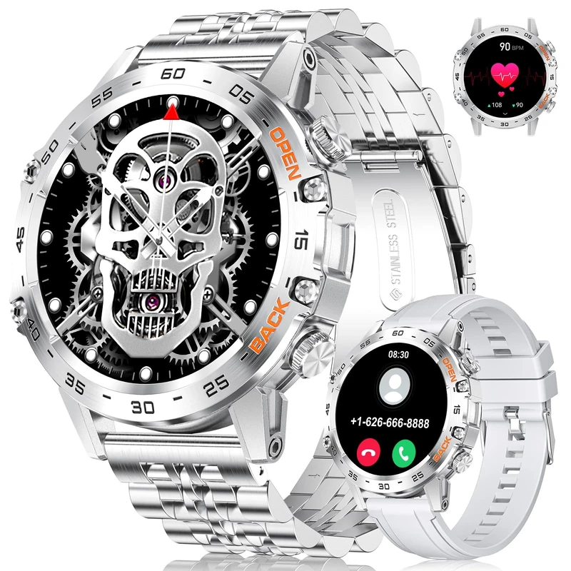 FOXBOX Smart Watch for Men, 1.39" Military Smartwatch with SpO2, Sleep Monitor, 24H Heart Rate, Tactical Fitness Watch, 100+ Sports, IP67 Waterproof, Make/Answer Call, 400 mAh, 300+ Watch Face, Silver