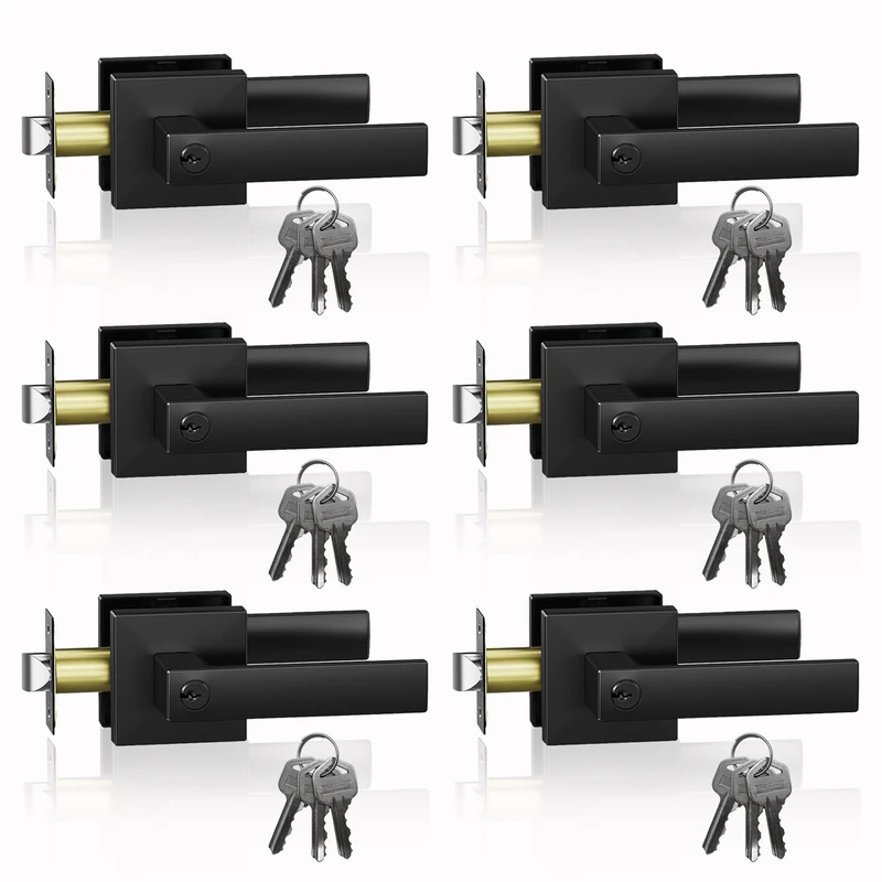 DSJJBLL 6 Pack Matte Black Door Handle Heavy Duty,Different Key Entry Door Lever, Door Knobs with Lock and Key, Square Door Lever for Bedroom, Bathroom and Front Door