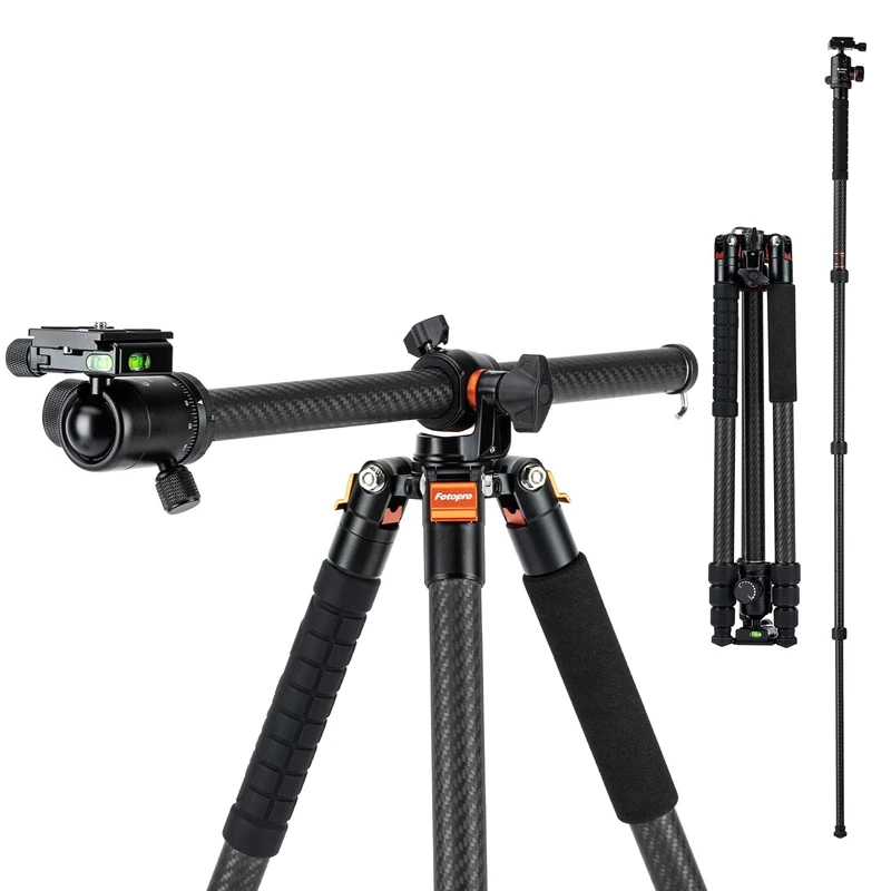 Fotopro Horizontal Camera Tripod 75 Inch Carbon Fiber 360 Degree Ball Head Quick Release Plate DSLR Tripod for Travel Camera Video Camcorder