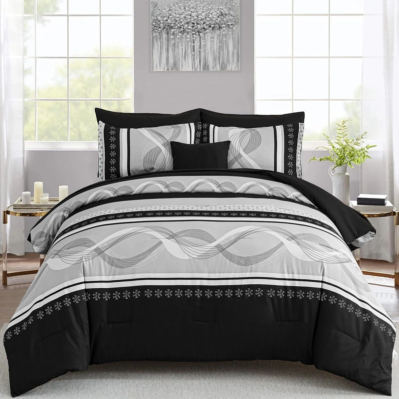 Anibedding Black Comforter Set King Size,8 Pieces Boho Bed in a Bag Patchwork Striped Comforter Set, Soft Microfiber Bedding Set for All Season(104"×90")