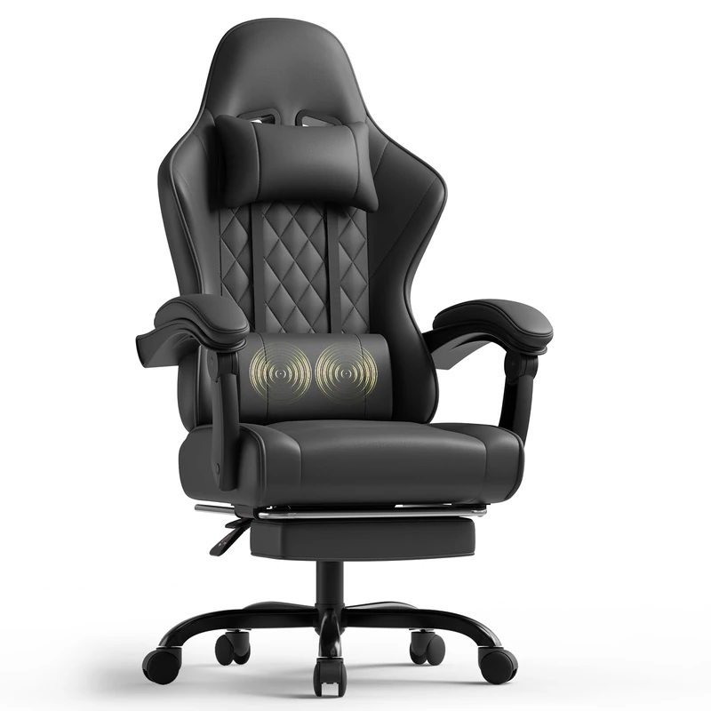 TRIUMPHKEY Gaming Chair for Adults with Footrest, Ergonomic Computer Chair with Massage Lumbar Support, Reclining Backrest, Swivel Office Gamer Chair with Headrest (Black)