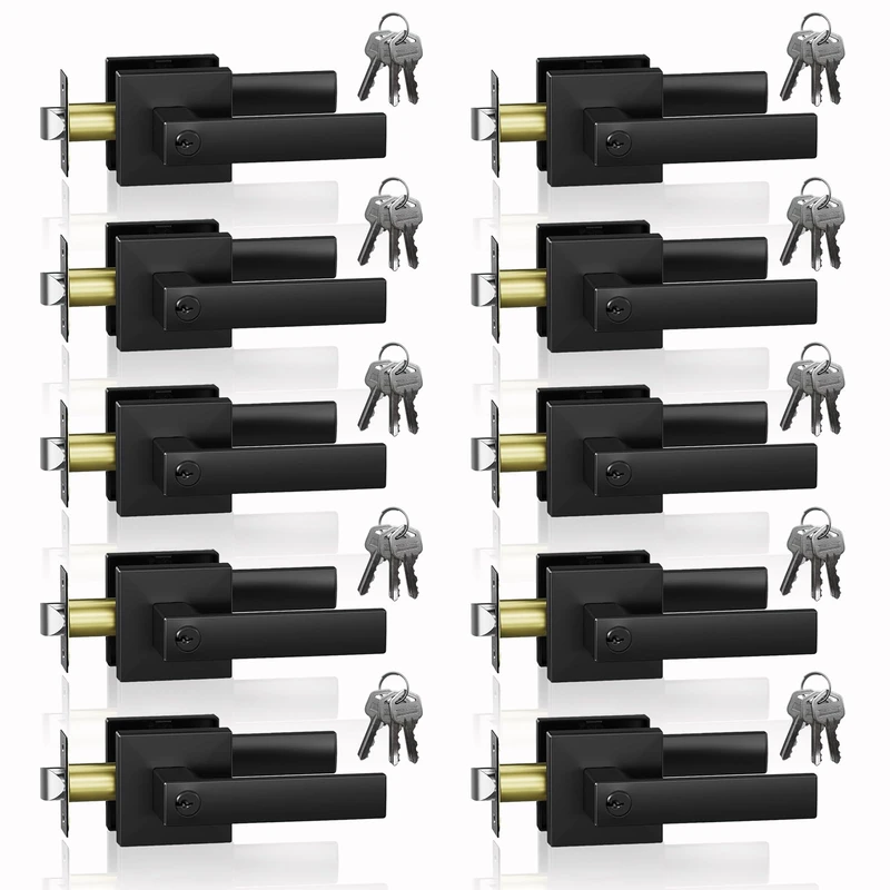 DSJJBLL 10 Pack Matte Black Door Handle Heavy Duty, Different Keys Entry Door Lever, Door Knobs with Lock and Key, Square Door Lever for Bedroom, Bathroom and Front Door