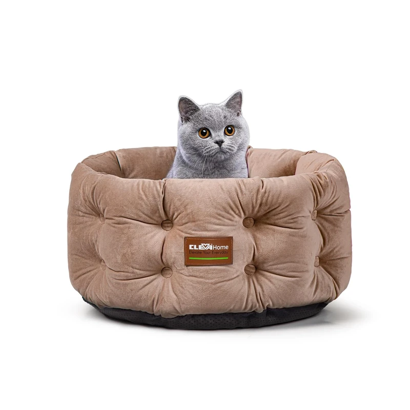 ClevaHome Deep Nest Cat Bed for Small Pets up to 13.2lbs - Round Cat Beds for Indoor Cats, Luxurious Velvet Feel, Extra High Sides, Machine Washable Comfort Pet Bed with Non-Slip Bottom (Warm Beige)