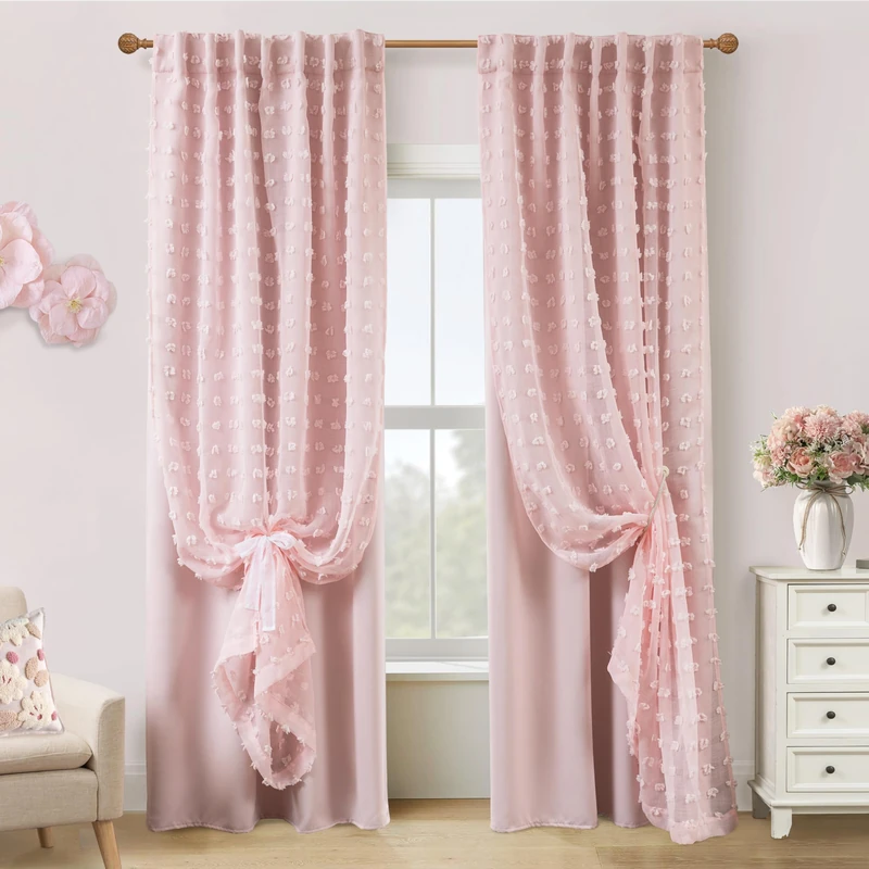 Girls Room Bedroom Nursery Curtains Double Layer Back Tab Pom Pom Pink Curtains 84 Inches Long