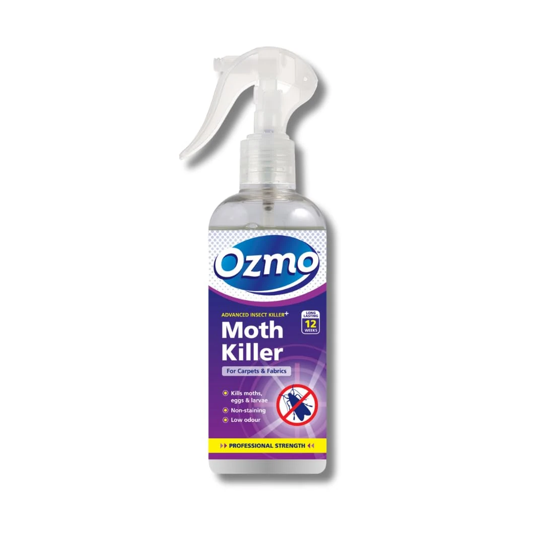 Ozmo Moth Killer Spray, 250ml, Kills Moths, Eggs and Larvae, Safe for Home, Fragrance - Free, Use in Wardrobes and Drawers, Hard Surfaces, Carpets, Fabrics, Curtains, Soft Furnishings