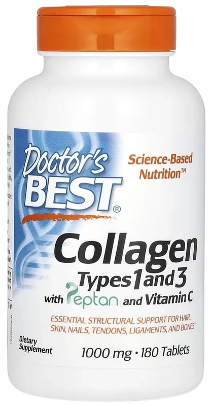 DoctorsBEST Doctor's Best - Collagen Types 1 and 3 with Peptan and Vitamin C | 1000mg Support for Skin, Hair, Nails and Joints - 180 Tablets