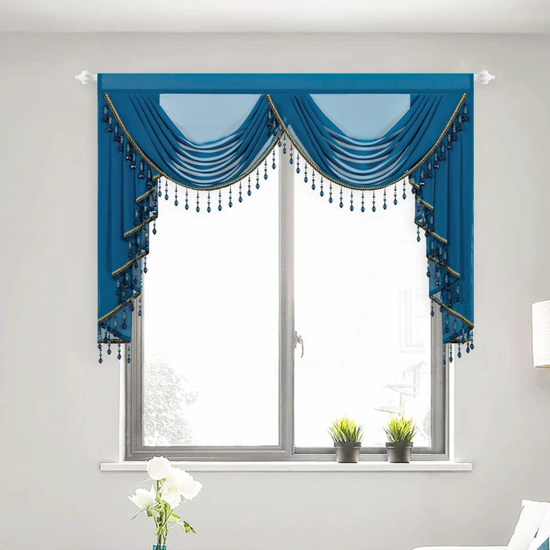 VOGOL Luxury European Style Waterfall Valance, Navy Blue Silky Textured Breathable Voile Curtains with 2 Swags, Rod Pocket Decorative Valances for Living Dining Room, 59 Inches Wide