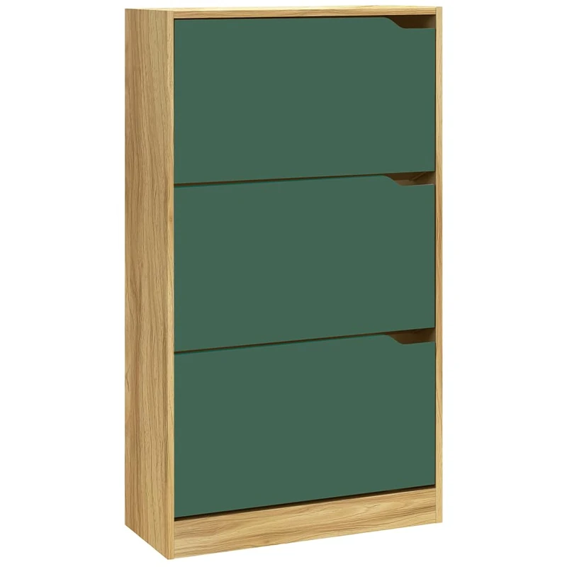 BAKAJI Shoe Rack in MDF Wood with 3 Doors Flip Shoe Storage Handles Double Depth Compact Size Slim 63 x 24 x 115 cm Space-Saving Home Entrance (Green and Oak)