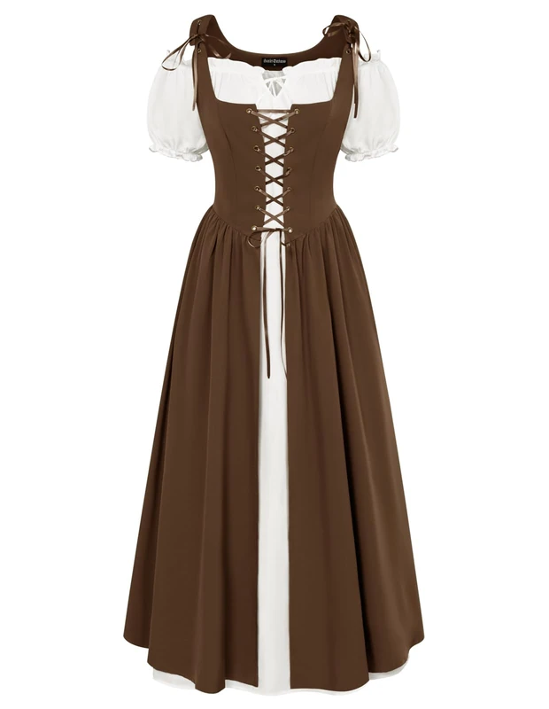 Scarlet Darkness Women Renaissance Dress Peasant Medieval Dress Short Sleeve Maxi Dress, Dark Brown, L